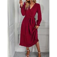 Vestido elegante de color sólido con cuello en V para mujer de manga larga - details 11