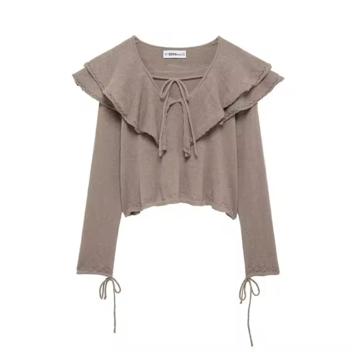 OUWU- Blusa Corta de Punto de Crochet con Volantes en Cascada y Cuello en V a la Moda para Mujer, Camisa Informal para Mujer, Blusas Cortas Elegantes - 1