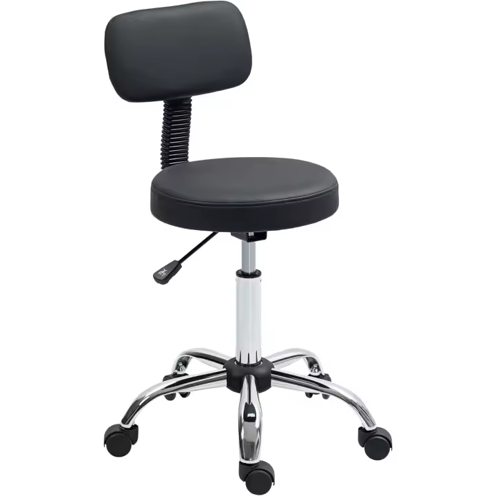 Taburete giratorio con ruedas y respaldo, taburete de trabajo con altura regulable de 78-93 cm, asiento tapizado en cuero sintético negro. - 1