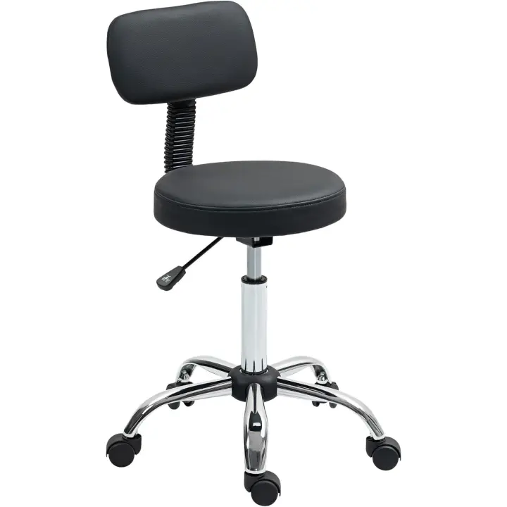Taburete giratorio con ruedas y respaldo, taburete de trabajo con altura regulable de 78-93 cm, asiento tapizado en cuero sintético negro. - 1