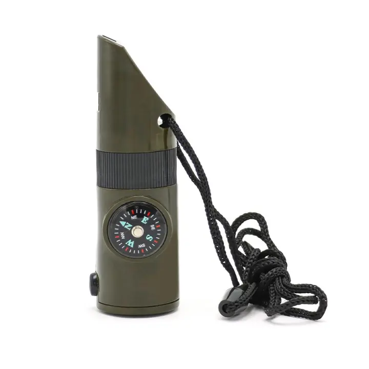 Silbato Multifuncional de Siete en Uno para Sobrevivencia al Aire Libre: Ideal para Excursiones, Campamentos y Aventuras al Campo, en Color Verde Militar - 1