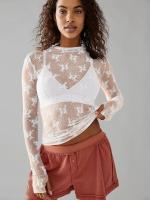 Camiseta transparente con agujero para el pulgar de encaje floral para mujer, camiseta de manga larga con cuello simulado de moda, top de mujer para uso diario - details 4