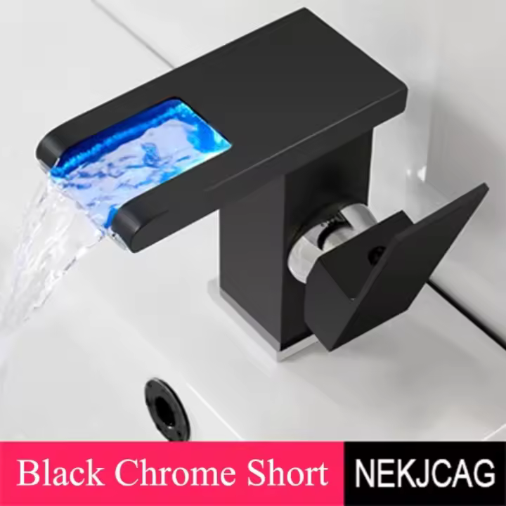 Grifo de Lavabo LED Salida de Cascada de Agua Fría y Caliente Instalación en Cubierta - 1