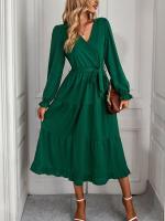 Elegante Vestido Largo de Manga Comprida para Mujer Color Sólido, Estilo A Línea, Belleza Elástica y Bonito - details 5
