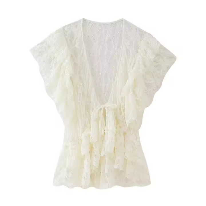 OUWU Elegante Top de Encaje para Mujer Cuello en V, Mangas Raglán con Volantes, Camisa Ajustada con Dobladillo Novedad de Primavera y Verano, Top Informal Elegante que Combina con Todo de Color Sólido - 1