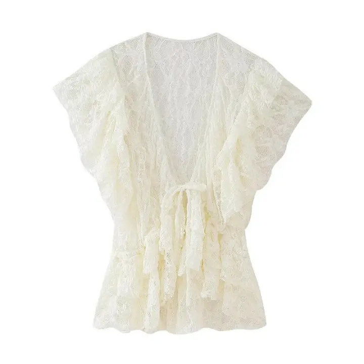 OUWU Elegante Top de Encaje para Mujer Cuello en V, Mangas Raglán con Volantes, Camisa Ajustada con Dobladillo Novedad de Primavera y Verano, Top Informal Elegante que Combina con Todo de Color Sólido - 1