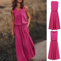 Vestido de Cintura Elástica sin Mangas de Color Sólido V-Neck Moda de Verano 2025 para Mujeres - details 2
