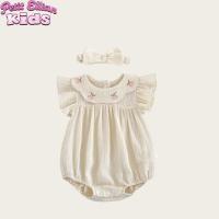 Pelele bordado floral con mangas con volantes de algodón para niñas de 0 a 2 años y diadema a juego, traje adorable y cómodo para bebés - details 1