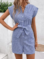 Mono de verano a rayas para mujer, mono de manga corta, pantalones cortos - details 3
