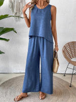 Chaleco informal de dos piezas con encaje calado de Color sólido para primavera y verano para mujer, pantalones largos de pierna ancha - details 6