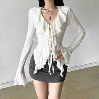 Nuevos tops para mujeres, top de encaje elegante con lazo y volantes en gasa blanca de ensueño - details 6
