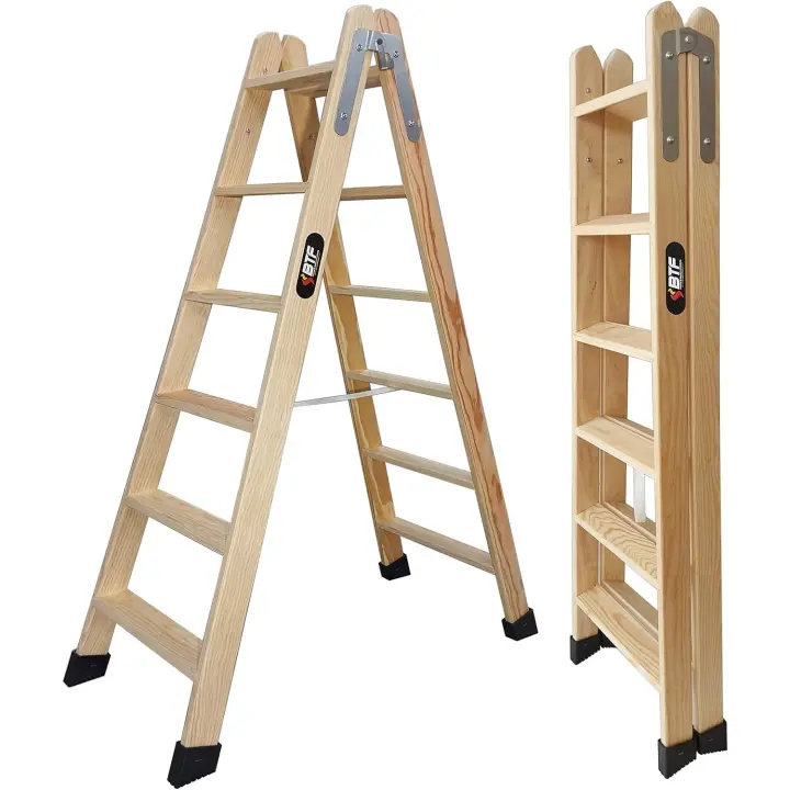 Escaleras de Madera Pino Doble Subida Certificadas Ideal para Profesionales Pintor, Escayolista, Electricista o hasta para su Hogar 6+6 Peldaños, H.145 cm - 1