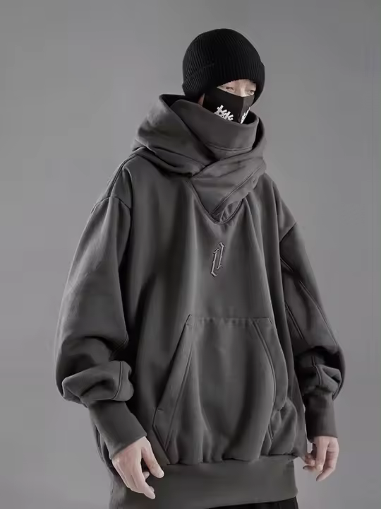 Sudadera de cuello alto bordada para hombre, sudaderas con capucha de Ninja japonés, ropa de calle con bolsillo de lana de Hip Hop, Sudadera con capucha Y2K de gran tamaño - 1