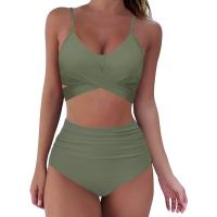 Traje de baño dividido de cintura alta para mujer, bikini multicolor con estampado de cuello halter cruzado - details 12