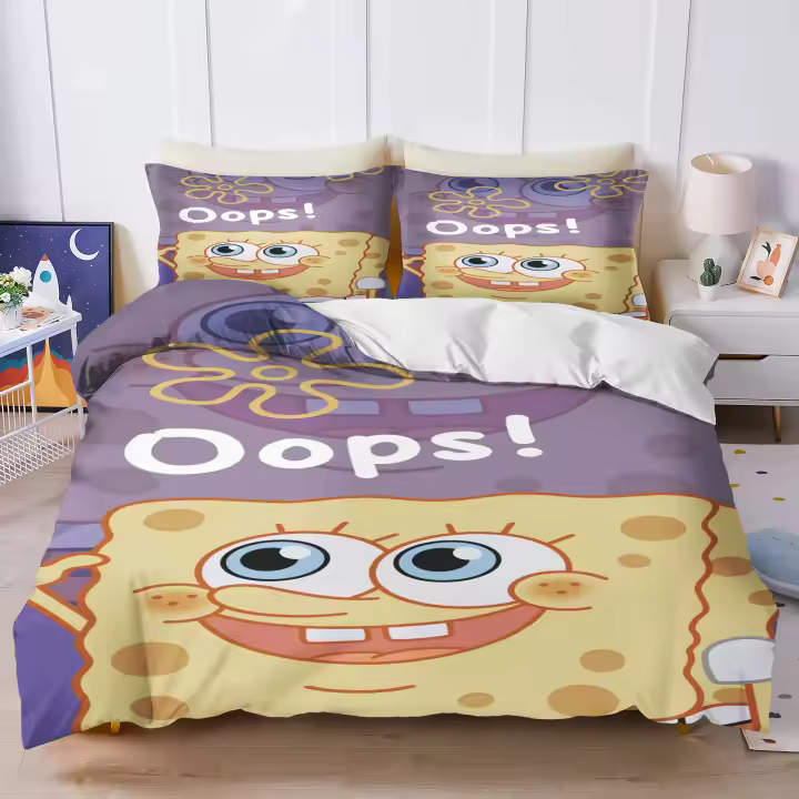 Juego de ropa de cama doble de Bob Esponja, funda de edredón con estampado de dibujos animados, juegos de edredón, Queen - 1