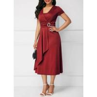 Vestidos de verano elegantes, color sólido, mangas cortas, cuello en V, dobladillo asimétrico, cintura delgada, vestido de fiesta hasta la rodilla, para mujer - details 4