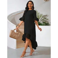 Nuevo Vestido de mujer Color sólido cuello redondo Patchwork malla dobladillo Irregular - details 3