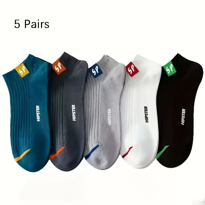 5 Pares de Calcetines Invisibles para Hombre, 100% Poliéster, Transpirable, Antiolor, Secado Rápido, Soporte de Arco, Color Sólido, Tejido, Solo Lavar a Mano - Calcetines de Puntada Baja sin Mostrar - 1