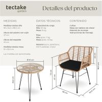 Conjunto de Jardín Exterior de Acero Resistente a la Intemperie 2 Sillas con Cojines (Fundas Extraíbles), 1 Mesa con Cristal Natural - details 5