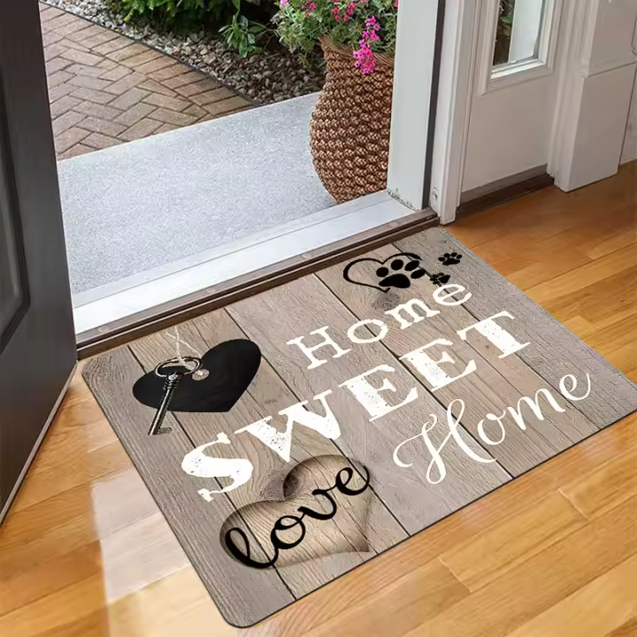 Alfombra de Entrada de Flanela "Dulce Hogar" Diseño de Corazón y Llave Antideslizante - 1