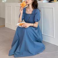 Vestido de verano para mujer, fruncido plisado, cuello cuadrado, manga corta, manga de burbuja, vestido de mujer de Color sólido, vestido Midi con dobladillo suelto - details 8
