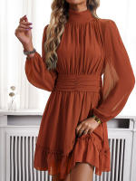 Vestido corto rosa de cintura alta con volantes para mujer, minivestido informal con manga abullonada, cintura anudada, 2024 - details 10