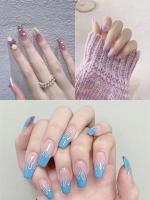 24PCS Uñas Postizas De Acryl Morado Gradient Con Estrellas Y Nubes De Taro Uñas Postizas Francesas Con Borde Blanco Para Novia Arte De Uñas Press on - details 0