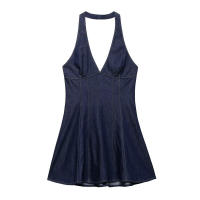 OUWU- Vestido vaquero con cuello halter para mujer 2025, cuello en V profundo, cintura ajustada, dobladillo acampanado para un estilo moderno y elegante. - details 1