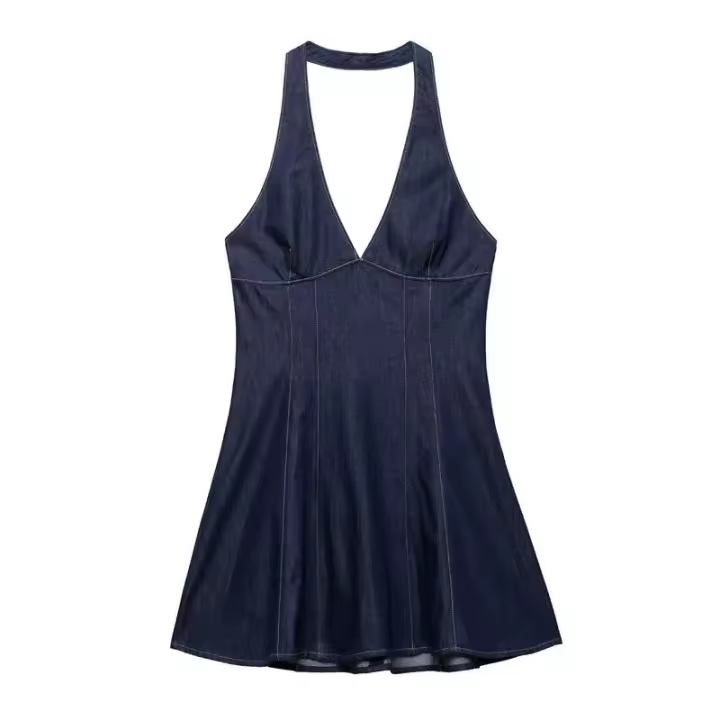 OUWU- Vestido vaquero con cuello halter para mujer 2025, cuello en V profundo, cintura ajustada, dobladillo acampanado para un estilo moderno y elegante. - 1