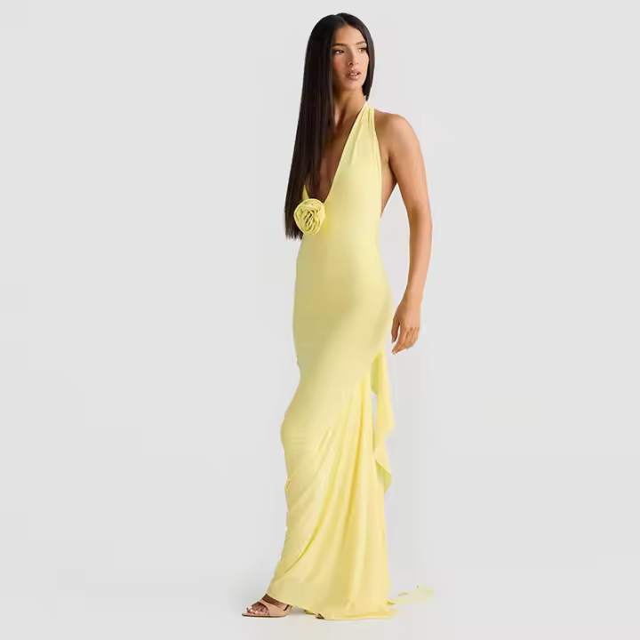 BUNO-vestido largo con cuello en V para mujer, prenda elegante con espalda descubierta, cintas, bodycons, fiesta de noche - 1