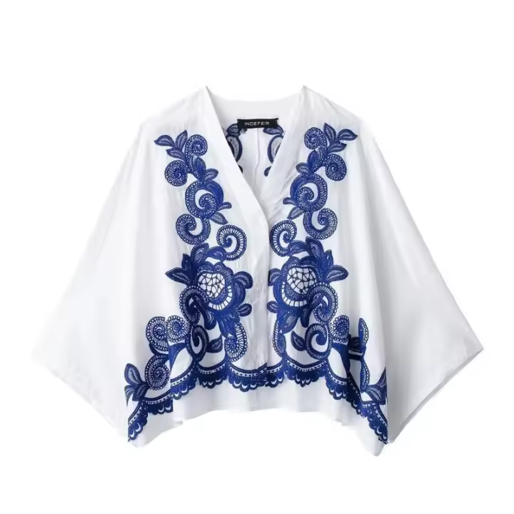 BUNO-2025 otoño nueva ropa de mujer estilo europeo y americano camisa casual con bordado en contraste conjunto de media falda - 1