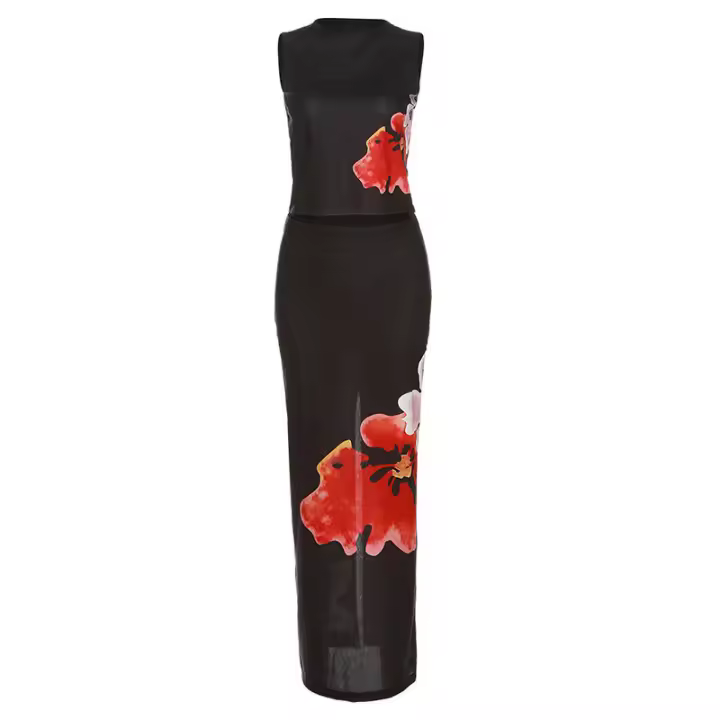 BUNO-Conjunto de 2 piezas de flores de gato extraño para mujer, camisetas sin mangas elegantes y sexis + faldas de cintura alta, ropa de calle ajustada a juego, trajes elásticos - 1