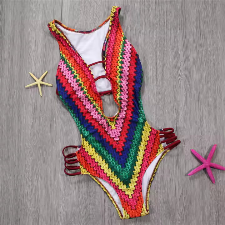 Traje de Baño de Tela Adhesiva de Una Pieza Floral Monokini sin Espalda de Corte Alto - 1