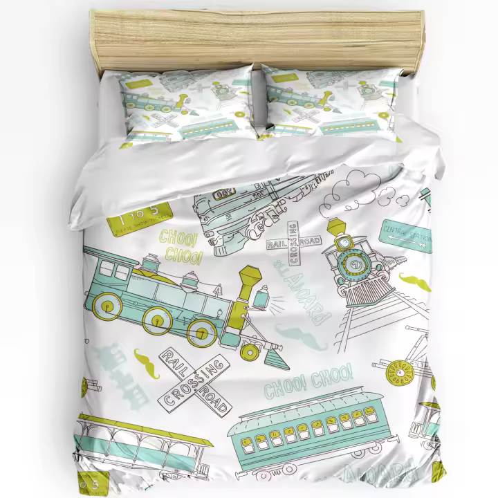 Sábana de Transporte por Tren con Diseño de Dibujos Animados para Casa y Cama Encuaje de Tela con Funda de Almohada Sin Sábana - 1