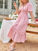 Vestido largo de encaje formal con cuello en V para mujer, con volantes y flecos, manga corta, estilo bohemio, para invitados de boda - details 10