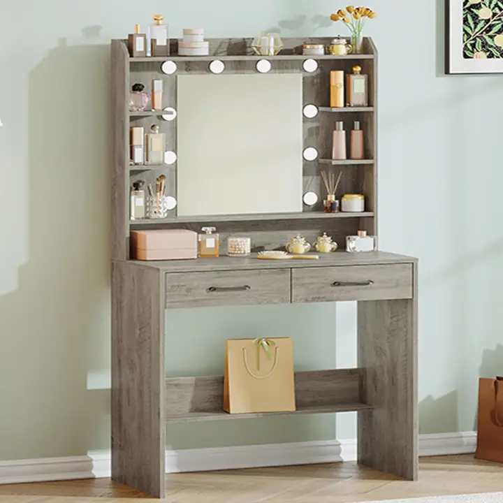 Estilo Morno, Estación de Maquillaje con Estantes Abiertos y 2 Cajones, para Dormitorio, Salón, 40 x 80 x 149cm, Blanco DT08203X - 1