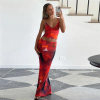 BUNO-Conjunto de 2 piezas con estampado Tie-Dye de gato extraño para mujer, moda Hipster Y2K, camisola elegante con cuello en V + faldas Maxi, ropa de calle a juego - details 1