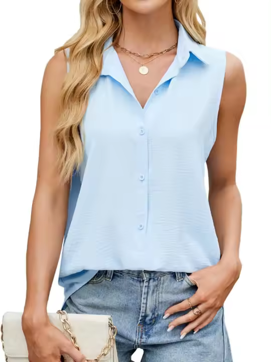 Camisa y blusa de verano, blusa de gasa holgada de color sólido sin mangas con botones, hermosa en promociones, tops de mujer - 1