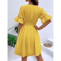 Vestido de verano para mujer, nuevo estilo, con costuras, escote en V y cintura de color liso. - details 9
