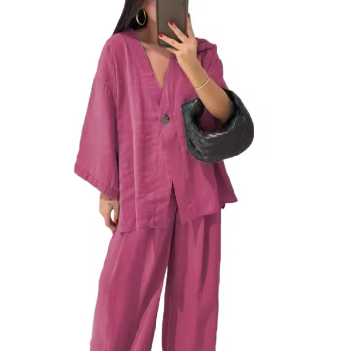 Nuevo conjunto casual de moda transfronterizo para mujer, top holgado con cuello en V y pantalones de pierna ancha - 1