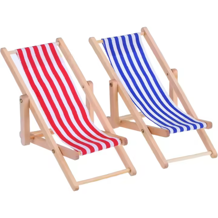 Silla de playa de madera plegable en miniatura con rayas rojas y azules para interiores y exteriores (Paquete de 2) - 1