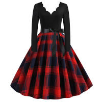 Women plaid print long sleeve vintage a line party dress v neck - details 19