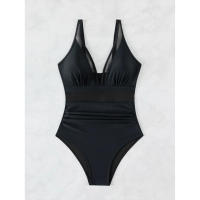 Bañador negro de una pieza para mujer, traje de baño de realce con Control de barriga, Tankini de una pieza - details 5