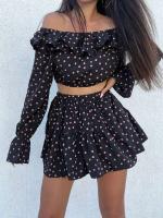 Marthaqiqi - Conjunto de pijama de lunares para mujer, top de manga larga con cuello diagonal, falda corta, pijama, Tre - details 1