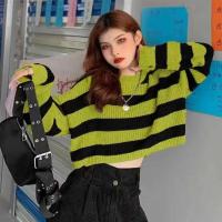 Suéter de estilo coreano con cuello redondo a rayas para mujer, Jersey de punto de colores contrastantes, Tops de punto sueltos de manga larga - details 0