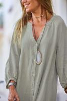 Vestido de Lino y Algodón Blanco Cuello Largo V Casual Suelto Medio Largo Mangas de Siete Cuartos - details 8