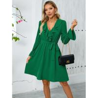 Vestido elegante y bonito con cuello en V para mujer, vestidos informales de manga larga de Color sólido, liquidación - details 1