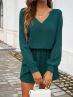 Minivestido informal de manga larga con cuello en V para mujer, color sólido, 2025 - details 7