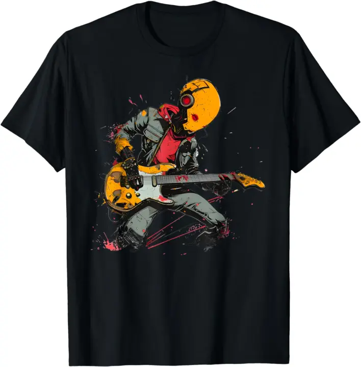 Camiseta Maestra de Riff Eléctrico de Robot Amarillo Maestro del Rock Punk para Hombres - 1