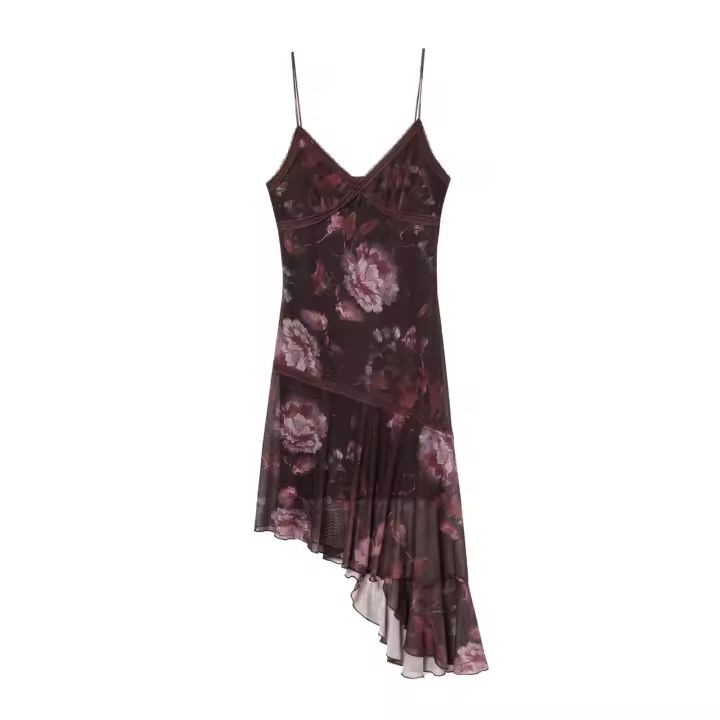 Vestido irregular con tirantes estampados y cuello en V de encaje elegante a la moda para mujer nuevo estilo - 1